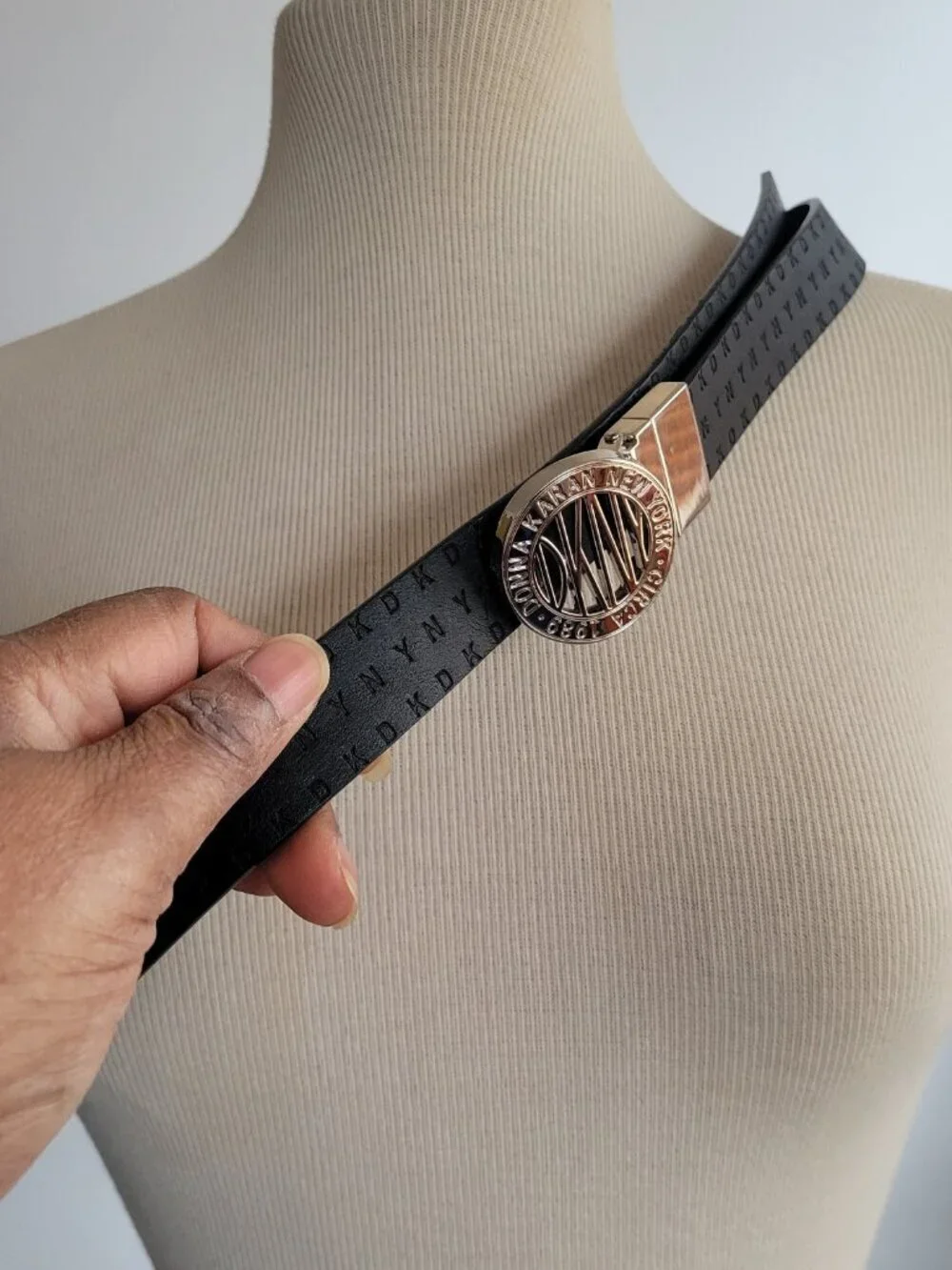 DKNY Black Logo w/Smooth B Silver Logo Buckle Belt (Size: S/M)